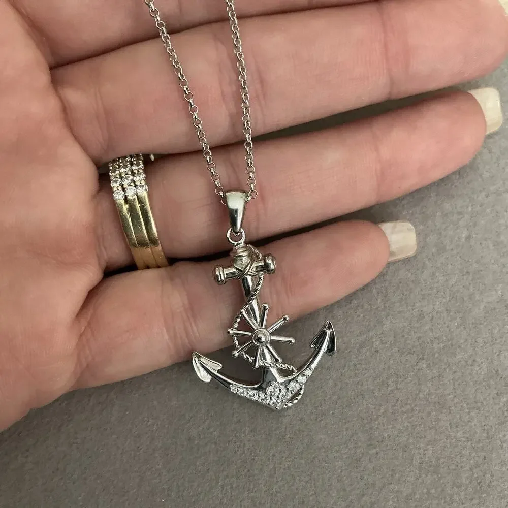 Beautiful Genuine Moissanite Anchor Pendant Necklace Solid 925 Sterling Silver